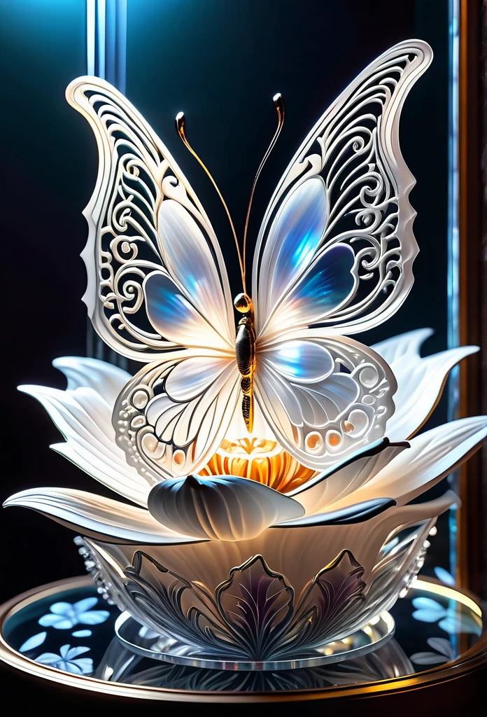 (((masterpiece that captures the essence of white butterfly:1.3))), floating of stunning carve glass flower, gothic aquarium, transparent wish. (((intricate insane details and light and shadow atmosphere:1.3))), intricate details rich colors, (((stunning beauty 32k render:1.3))), (((holographic smoke glow:1.4))),