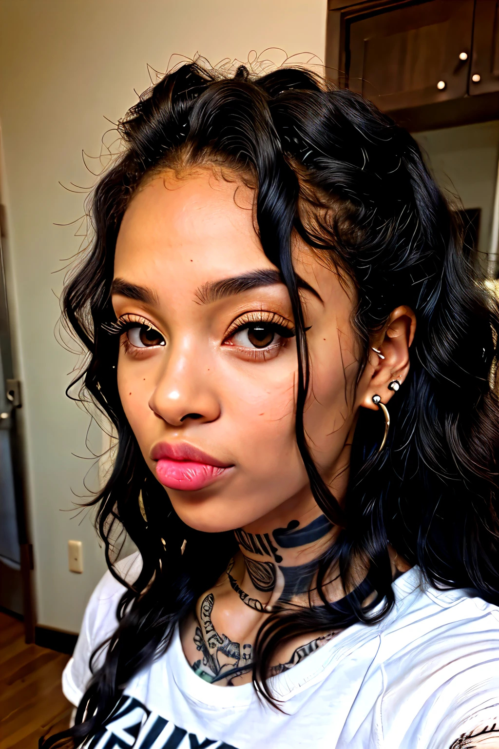 hyper realistic ultra detailed photograph, woman, Black curly hair, afro-descendant woman, long wild hair, cute, fully clothed, shirt, tattoos, piercings, tattoo on face, face piercings, sticking out tongue, selfie