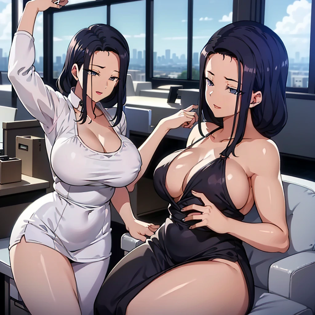 (best quality,4k,8k,highres,masterpiece:1.2),ultra-detailed,(realistic,photorealistic,photo-realistic:1.37),HDR,UHD,studio lighting,ultra-fine painting,sharp focus,physically-based rendering,extreme detail description,professional,vivid colors,bokeh,concept artists,soft lighting,bright and vibrant colors, micro bikini
Two beautiful ladies with one having short black and the other one having blonde hair, both wearing short pencil skirts and white shirts showing cleavage. They have sexy long legs and are standing while looking directly at the camera. The scene is set in a modern office with stylish decorations, including a sleek desk, luxurious chairs, and a large window overlooking a breathtaking city skyline. The office space is filled with natural light, creating a soft and inviting atmosphere. The ladies exude confidence and elegance, captivating the viewer with their stunning appearance. The colors of the artwork are vivid and vibrant, bringing the scene to life. The attention to detail is extraordinary, showcasing every intricate feature of the ladies' faces, hair, and clothing. The overall image quality is of the highest caliber, with a resolution of 4k or higher, allowing for an immersive and visually stunning experience. The painting style is ultra-fine, resembling a masterpiece created by professional concept artists. The lighting in the artwork is carefully crafted, highlighting the beauty and allure of the ladies. The composition and perspective showcase their commanding presence and draw the viewer's attention to their captivating gaze.
