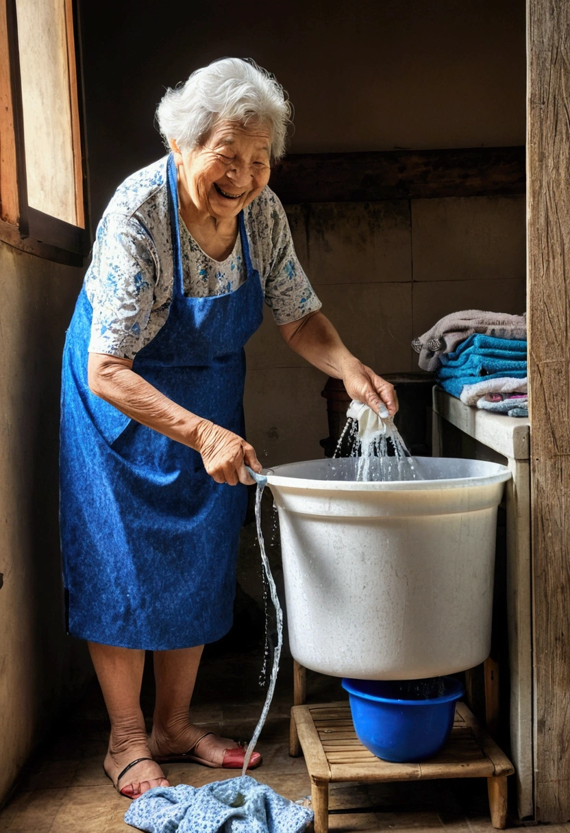 Grandma was washing clothes,Laugh happily,Enjoy the state of life