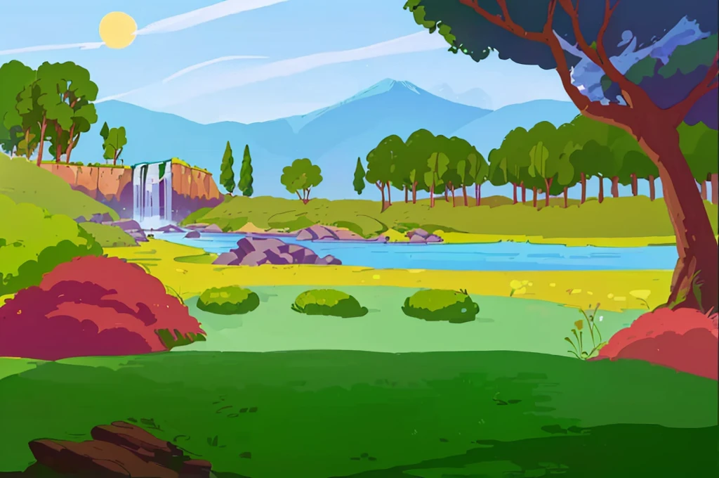 cartoon illustration of a river with a waterfall in the middle of a forest, beautiful and happy place, cozy background art, Studio Ghibli, sunny environment, trees in the background, mountain in the background, detailed and beautiful, rich design with details, illustration for book , Paradise, some birds flying.