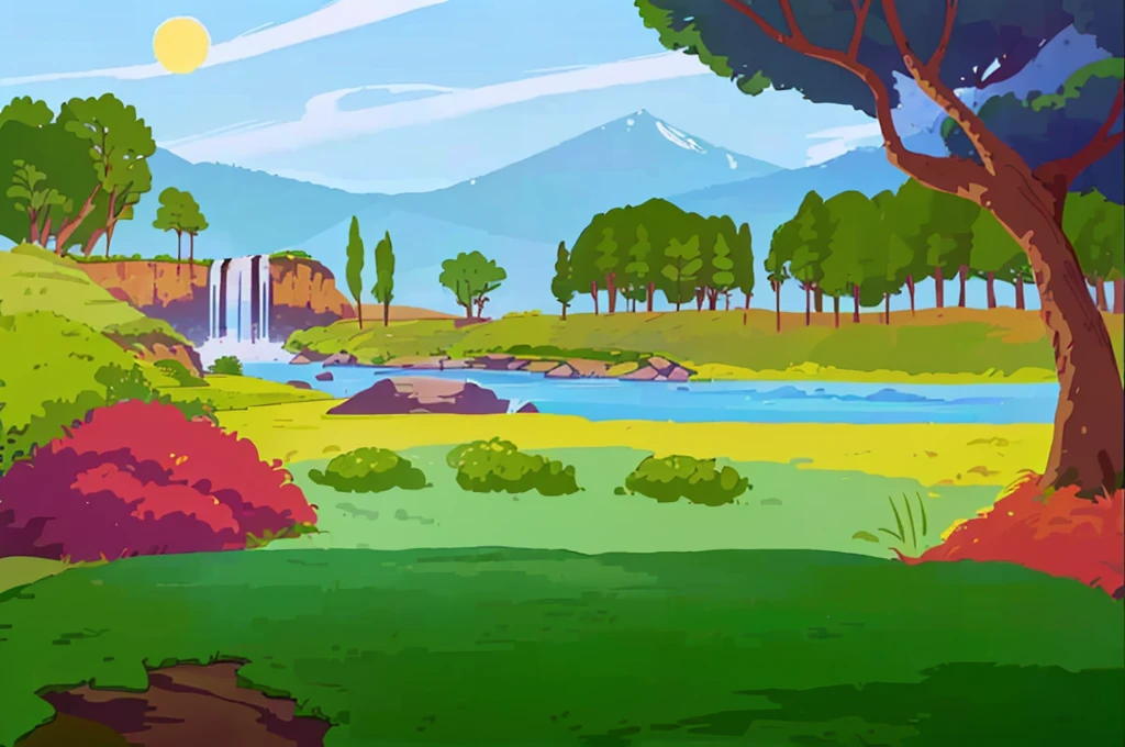 cartoon illustration of a river with a waterfall in the middle of a forest, beautiful and happy place, cozy background art, Studio Ghibli, sunny environment, trees in the background, mountain in the background, detailed and beautiful, rich design with details, illustration for book , Paradise, some birds flying.