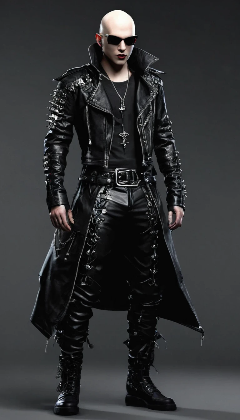 Create a full body punk male character and vampire clan clothing items in modern times and create modern cyberpunk fashion. Front, side and backCreate a full body fat bald punk male character and vampire clan clothing items in modern times and create modern cyberpunk fashion. Front, side and back