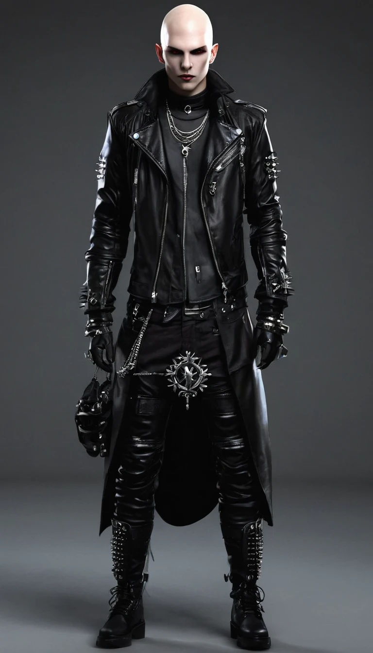 Create a full body  punk male character and vampire clan clothing items in modern times and create modern cyberpunk fashion. Front, side and backCreate a full body fat bald punk male character and vampire clan clothing items in modern times and create modern cyberpunk fashion. Front, side and back