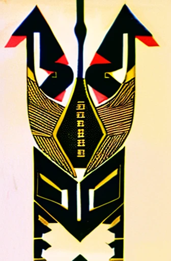 There is a picture of a stylized design,It has a dragon decoration, African iconography, Stitching style;author:Dalof Ipukar, inspired by Adolf Wölfli, inspired by Alexander Archipenko, tribal ancient imagery
