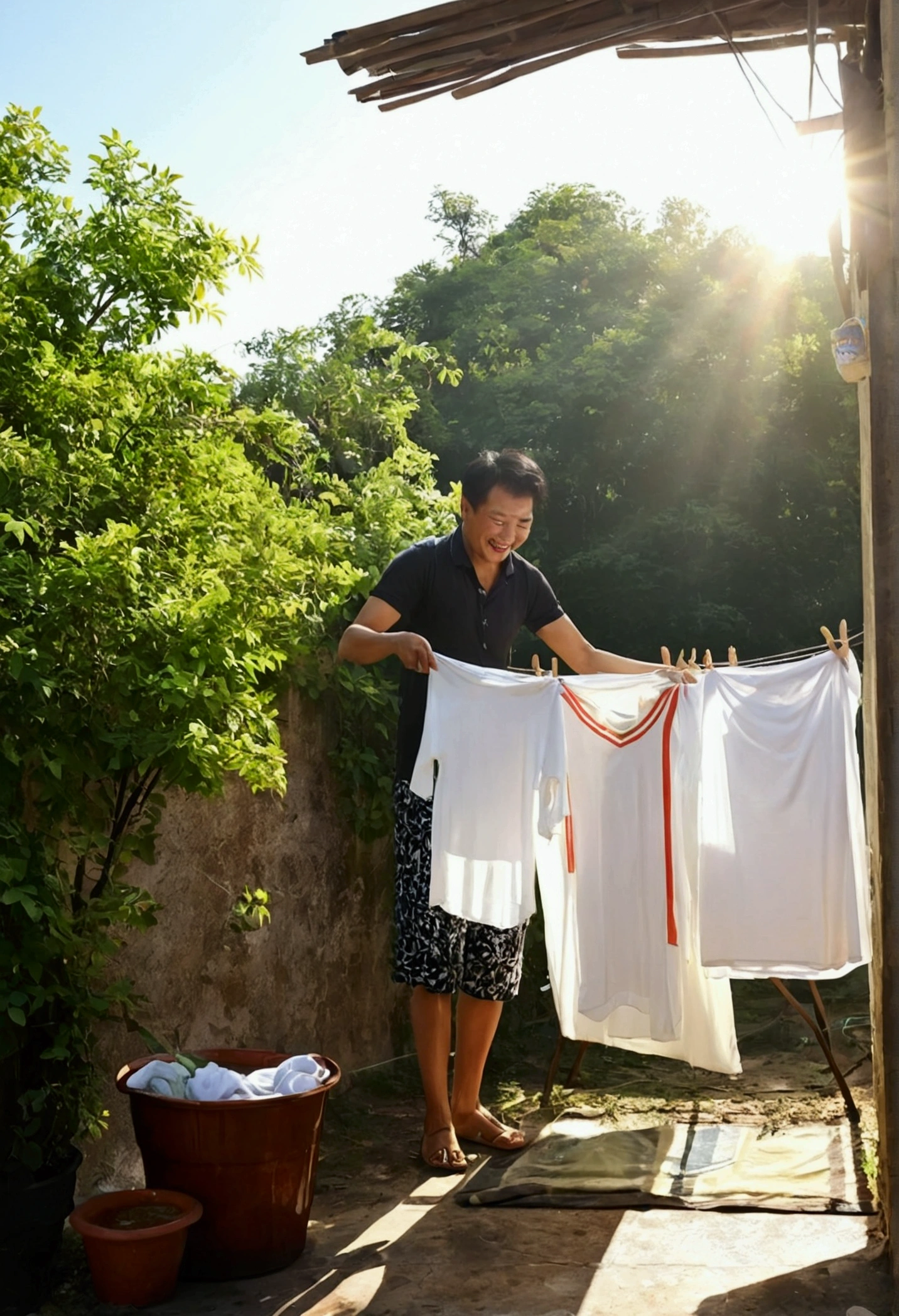 the sun was washing clothes,Laugh happily,Enjoy the state of life