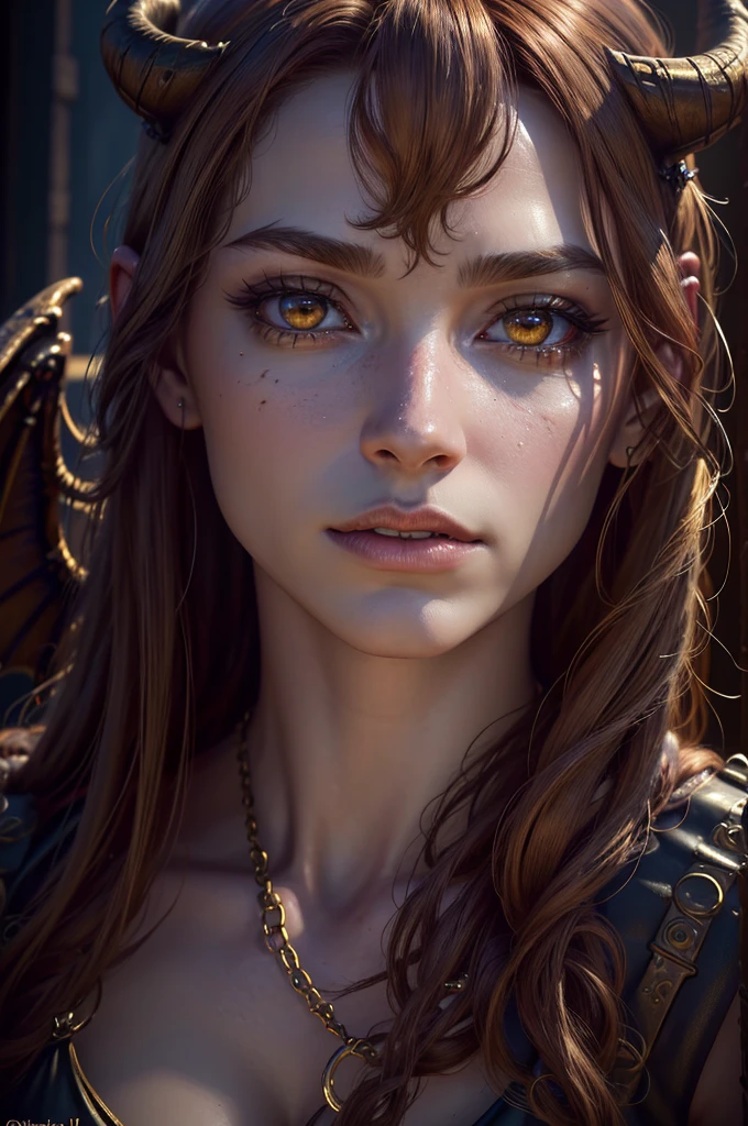 a light skinned woman with a semi round face, golden eyes,golden eyes,golden eyes,golden eyes,golden eyes,golden eyes,golden eyes,golden eyes,golden eyes, broken demon wings, demon tail, horns, brown hair, (best quality,4k,8k,highres,masterpiece:1.2),ultra-detailed,(realistic,photorealistic,photo-realistic:1.37),fantasy,horror,dark fantasy,digital art, intricate details,highly detailed,dramatic lighting,cinematic,moody atmosphere,rich textures
