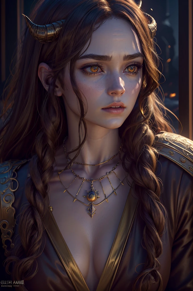 a light skinned woman with a semi round face, golden eyes,golden eyes,golden eyes,golden eyes,golden eyes,golden eyes,golden eyes,golden eyes,golden eyes, broken demon wings, demon tail, horns, brown hair, (best quality,4k,8k,highres,masterpiece:1.2),ultra-detailed,(realistic,photorealistic,photo-realistic:1.37),fantasy,horror,dark fantasy,digital art, intricate details,highly detailed,dramatic lighting,cinematic,moody atmosphere,rich textures
