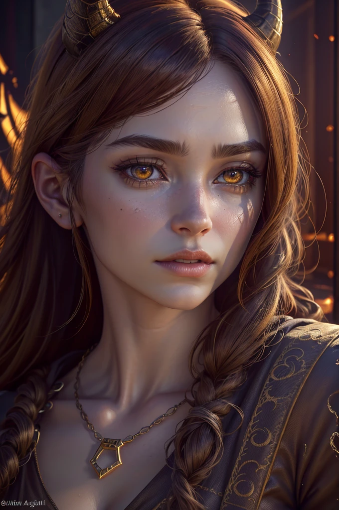 a light skinned woman with a semi round face, golden eyes,golden eyes,golden eyes,golden eyes,golden eyes,golden eyes,golden eyes,golden eyes,golden eyes, broken demon wings, demon tail, horns, brown hair, (best quality,4k,8k,highres,masterpiece:1.2),ultra-detailed,(realistic,photorealistic,photo-realistic:1.37),fantasy,horror,dark fantasy,digital art, intricate details,highly detailed,dramatic lighting,cinematic,moody atmosphere,rich textures
