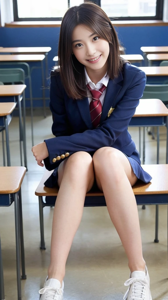 Beautiful girl is in the school classroom. uniform with red tie Dark blue closed blazer An ultra-short skirt with a blue check pattern, , sitting with legs spread, short-cut brown hair with waves on the side. The best smile I see your beautiful thighs. The leg details are realistic. Knees. Random poses. Beautiful girl. Slim girl. I sit with my legs spread open on a table in the classroom. Seeing white panties on display, intending to seduce, my skin is beautiful, wearing cute sneakers. Natural makeup 