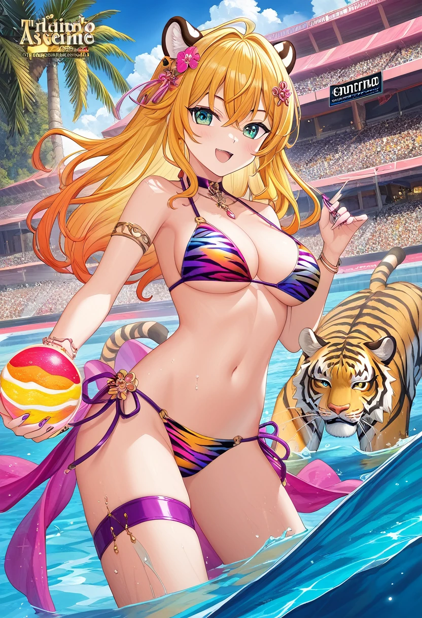 (​masterpiece, top-quality, Official art:1.2)Look at viewericro bikini, tiger and girl, Tiger painting}A flash of light runs, Colorful water levitation(2D:1.5),