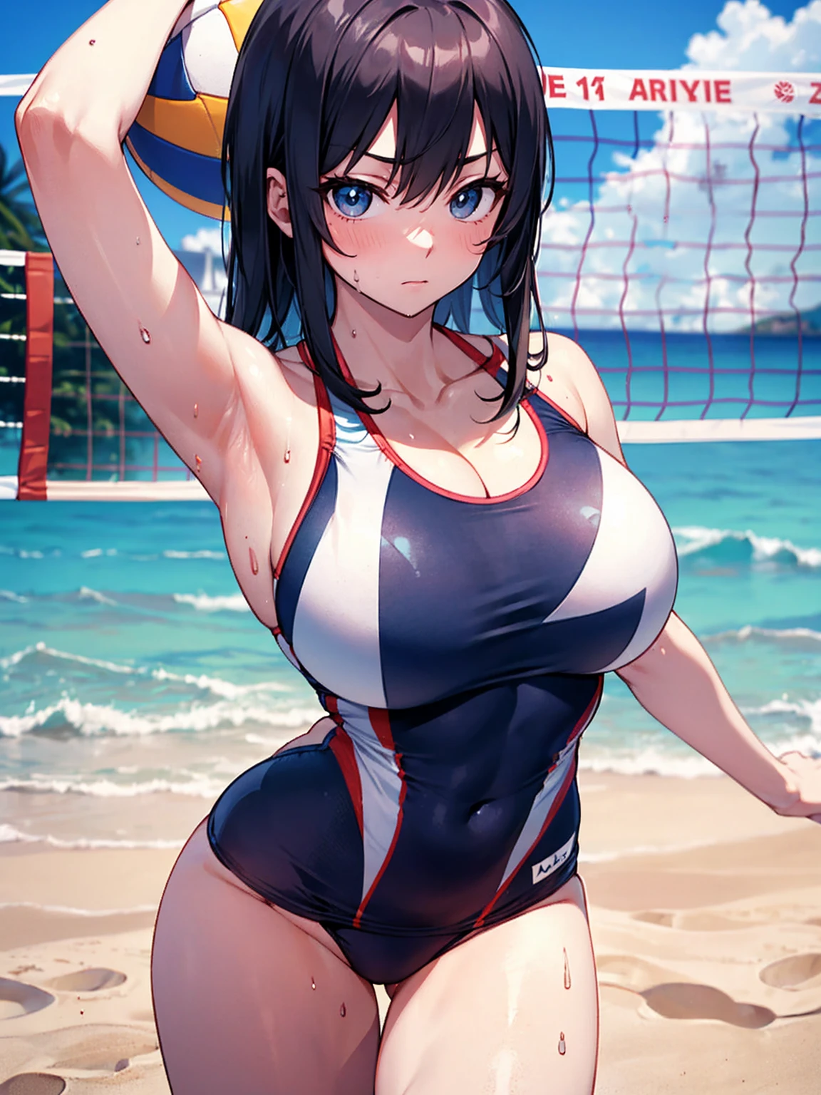 （Sweat, White skin:1.5、Aggressive Pose, ）, cameltoe, Fitness, , ((Beach volleyball swimsuit)),Big Breasts, Sturdy body、Healthy Body、((Big Eyes in Anime))
