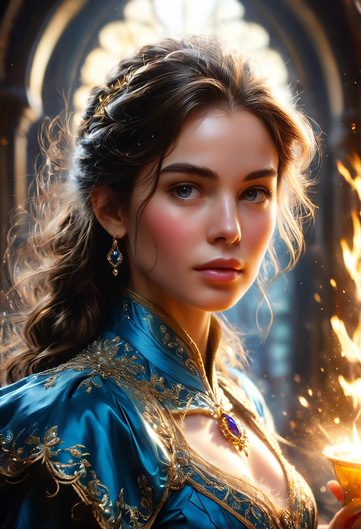 A handsome woman wearing a mage's robe, (detailed portrait of Anne Hathaway as an Icemancer:0.7), fantasy art by Seb McKinnon, intricate magical details, trending on ArtStation, magical environment, cinematic lighting, rich saturated colors, dramatic pose