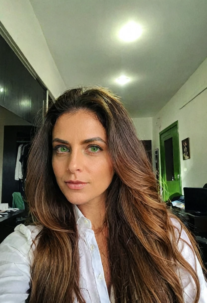 a one woman, long big hair, Brazilian, 30years, extremely powerful and elegant. ((Social clothes)) , (selfie shot), (chief director), ((clear green eyes))