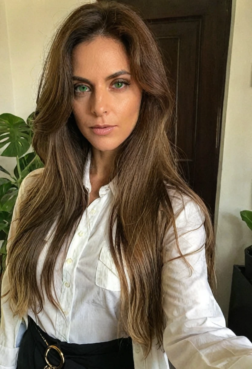 a one woman, long big hair, Brazilian, 30years, extremely powerful and elegant. ((Social clothes)) , (selfie shot), (chief director), ((clear green eyes))