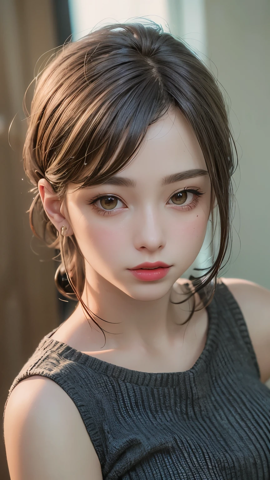 Masterpiece hyperrealist & Photorealistic beautiful girl, Realistic Skin (Pore-filled skin) Short Bob Cut Hair, Realistic red lips,Punk Girl, (head shot:1.5),Shorts