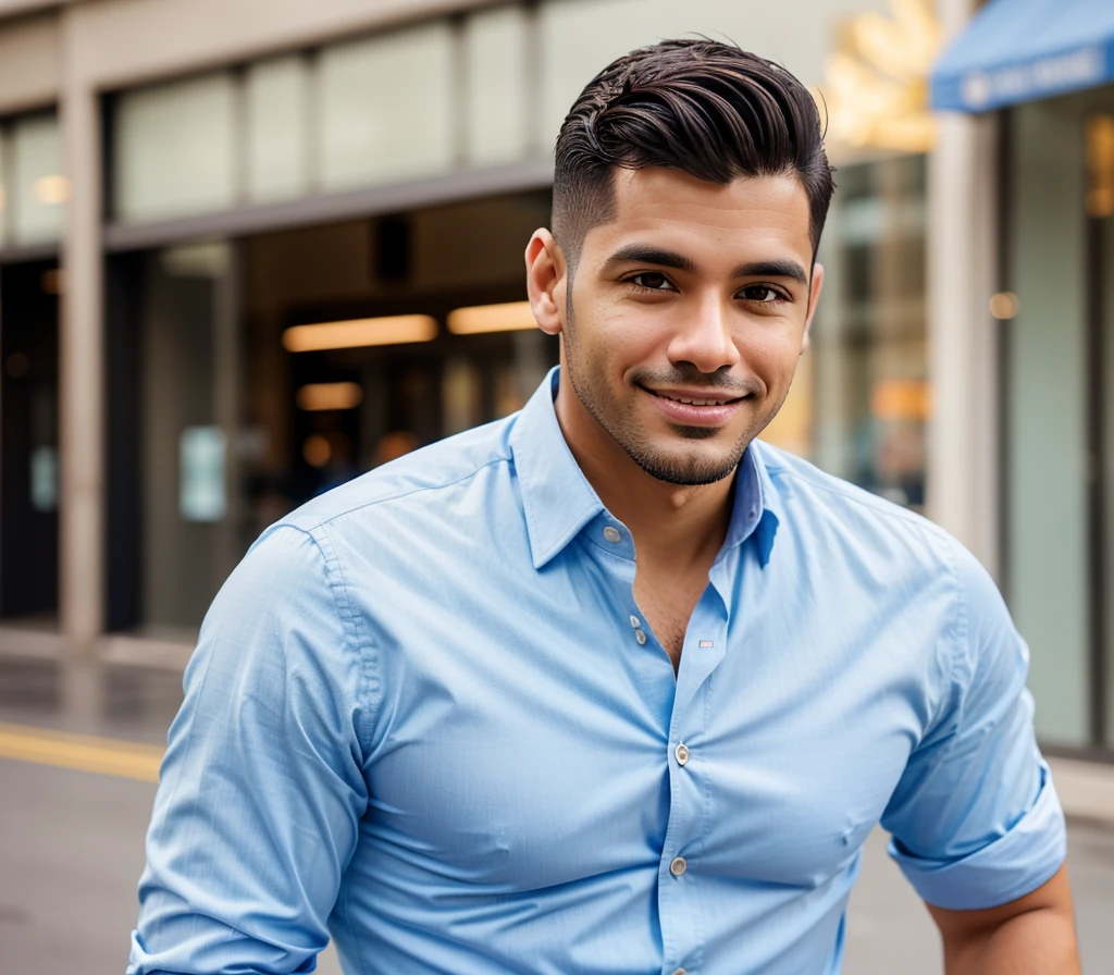 Create a realistic photo of a USA man named Edward Vazquez, who is a professional blogger. He is in his early 30s, with short, neatly styled dark brown hair and light stubble. He has a warm, approachable expression with a confident smile. His attire is business casual, featuring a crisp, light blue button-down shirt. The background is neutral and blurred to focus on his face, reflecting his professionalism and dedication to delivering insightful news content.