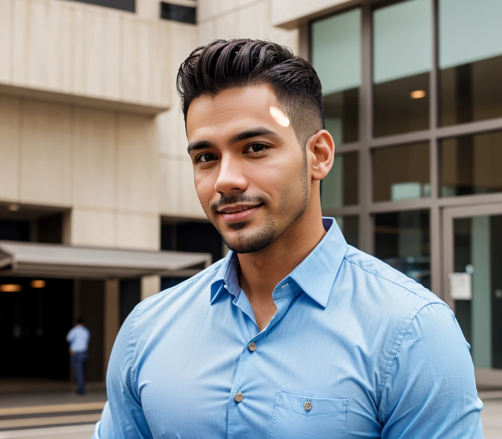 Create a realistic photo of a USA man named Edward Vazquez, who is a professional blogger. He is in his early 30s, with short, neatly styled dark brown hair and light stubble. He has a warm, approachable expression with a confident smile. His attire is business casual, featuring a crisp, light blue button-down shirt. The background is neutral and blurred to focus on his face, reflecting his professionalism and dedication to delivering insightful news content.