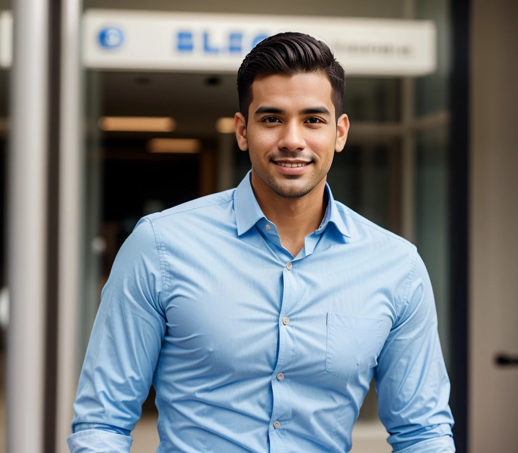 Create a realistic photo of a USA man named Edward Vazquez, who is a professional blogger. He is in his early 30s, with short, neatly styled dark brown hair and light stubble. He has a warm, approachable expression with a confident smile. His attire is business casual, featuring a crisp, light blue button-down shirt. The background is neutral and blurred to focus on his face, reflecting his professionalism and dedication to delivering insightful news content.