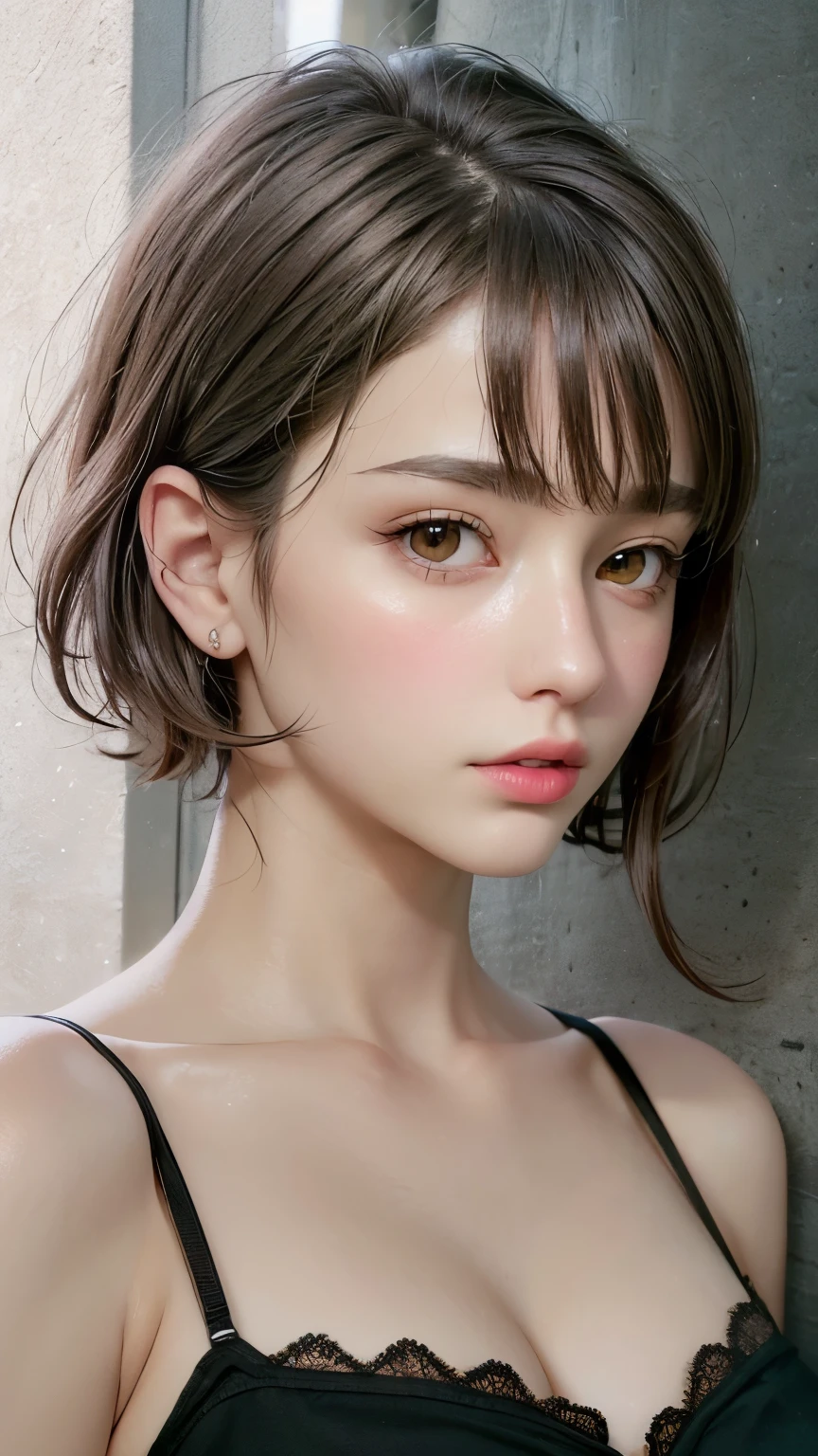 Masterpiece hyperrealist & Photorealistic beautiful girl, Realistic Skin (Pore-filled skin) Short Bob Cut Hair, Realistic red lips,Punk Girl, (head shot:1.5),Shorts