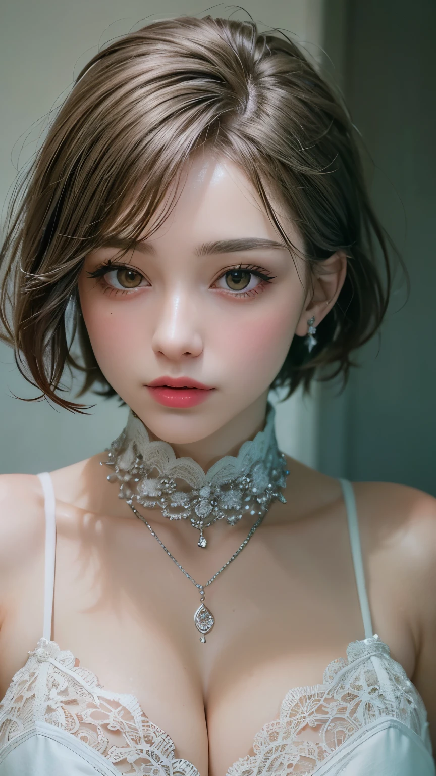 Masterpiece hyperrealist & Photorealistic beautiful girl, Realistic Skin (Pore-filled skin) Short Bob Cut Hair, Realistic red lips,Punk Girl, (head shot:1.5),Shorts