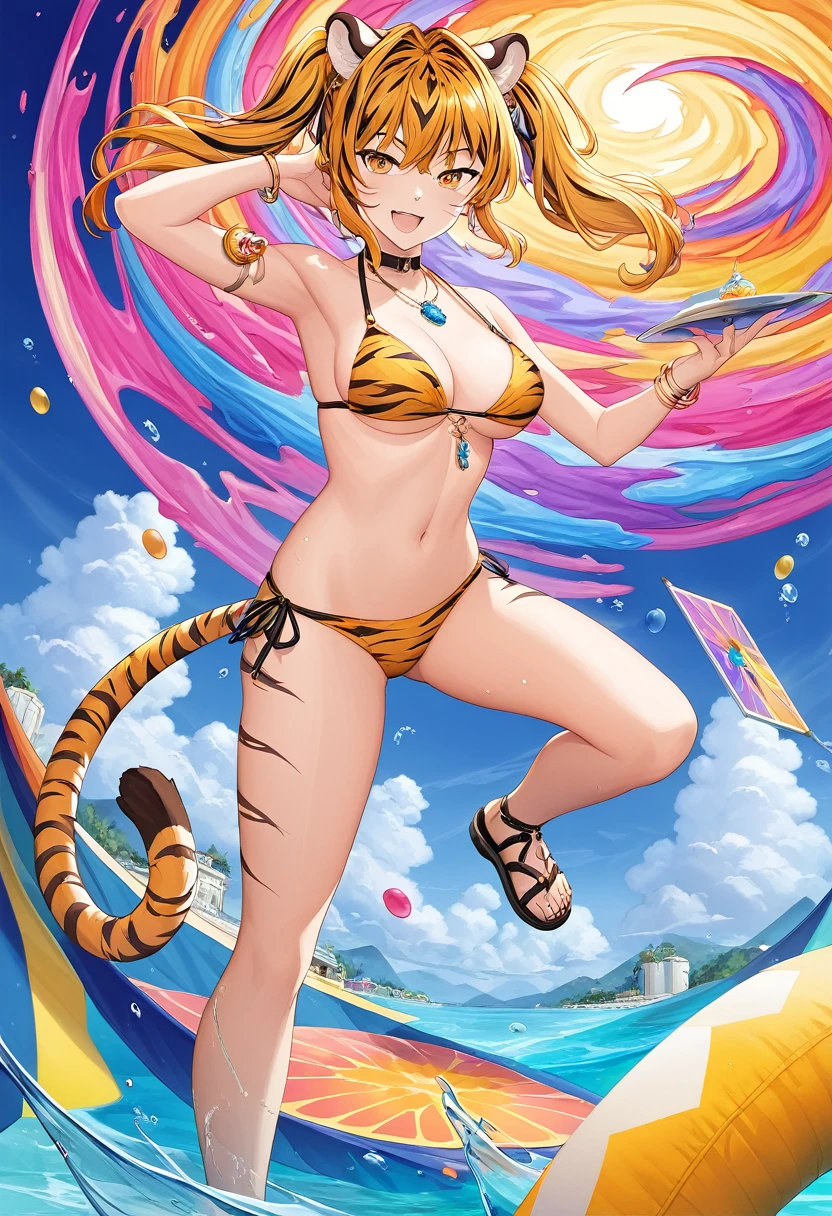 (​masterpiece, top-quality, Official art:1.2)Look at viewericro bikini, tiger and girl, Tiger painting}A flash of light runs, Colorful water levitation(2D:1.5),