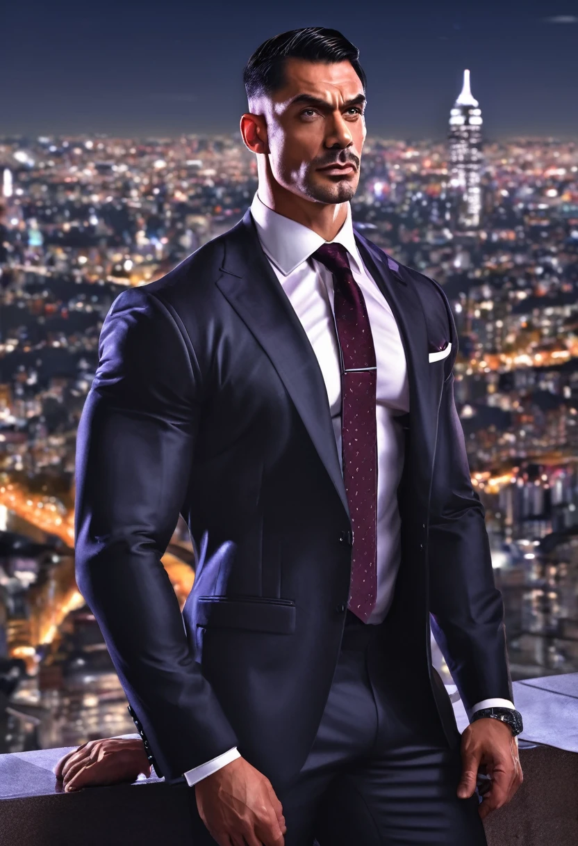 (absurdres, highres, ultra detailed, realistic, ), 1 male, solo, adult, mature, tall muscular guy, broad shoulders, handsome, very short hair, black hair, brown eyes, angular jaw, thick neck, thick eyebrows, night, dark, the night view of the city background, formal suit, necktie, upper body