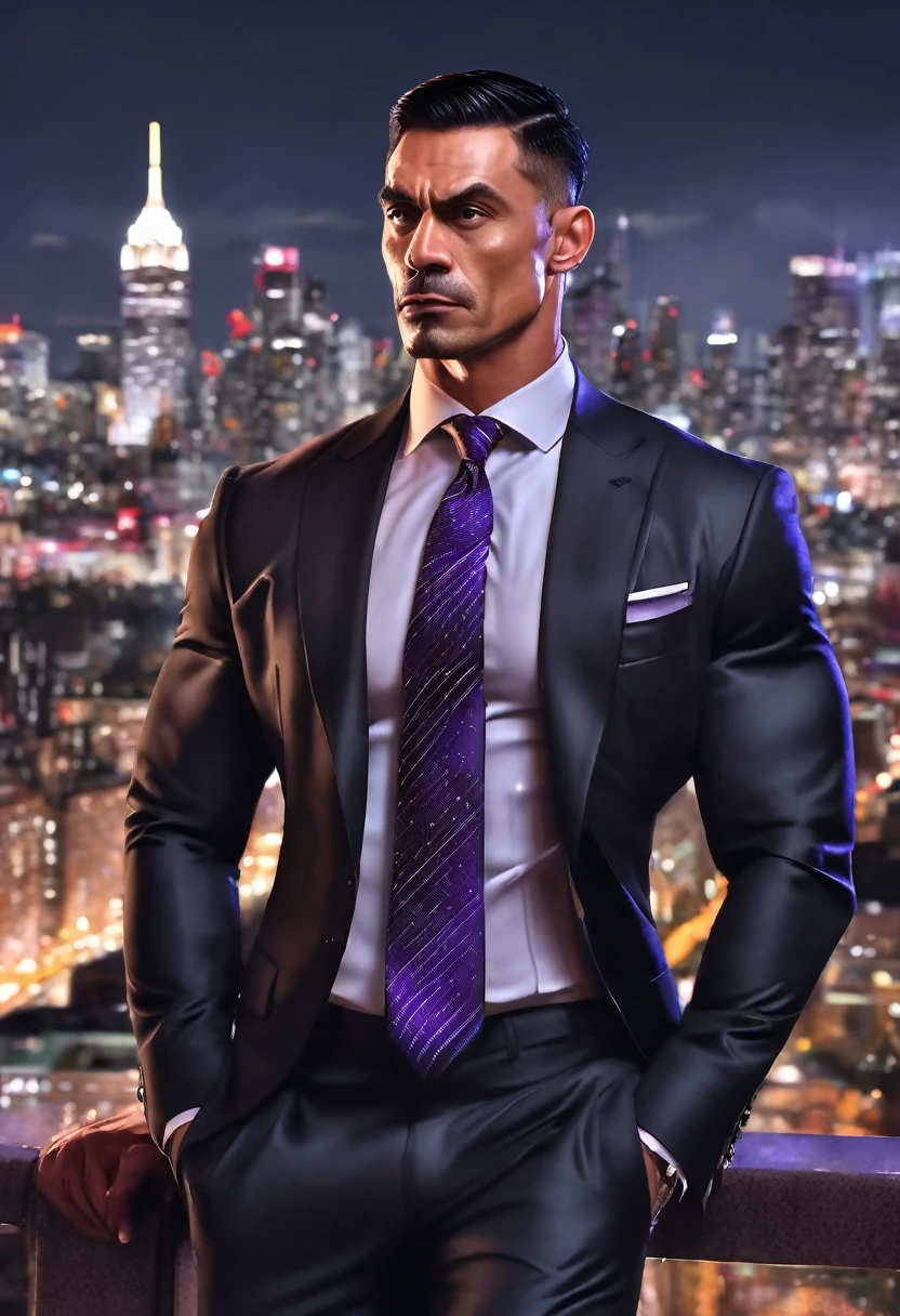 (absurdres, highres, ultra detailed, realistic, ), 1 male, solo, adult, mature, tall muscular guy, broad shoulders, handsome, very short hair, black hair, brown eyes, angular jaw, thick neck, thick eyebrows, night, dark, the night view of the city background, formal suit, necktie, upper body