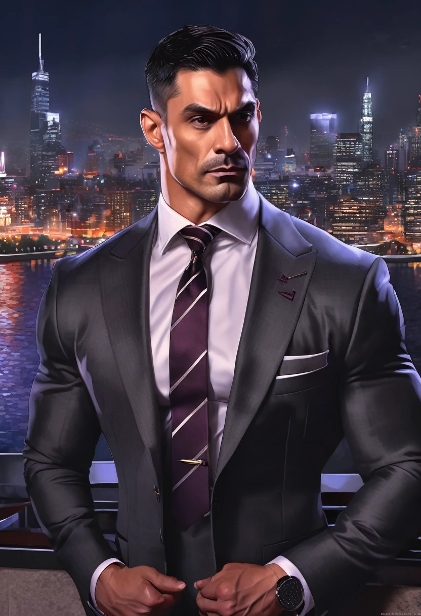 (absurdres, highres, ultra detailed, realistic, ), 1 male, solo, adult, mature, tall muscular guy, broad shoulders, handsome, very short hair, black hair, brown eyes, angular jaw, thick neck, thick eyebrows, night, dark, the night view of the city background, formal suit, necktie, upper body