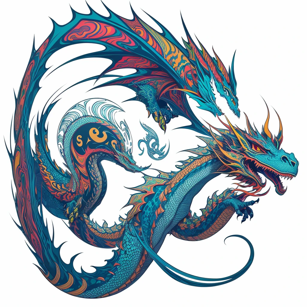 A psychedelic graphic design with a dragon head. Use the design style of RVCA clothing brand. ((White background)), vector style, for T-shirt printing.