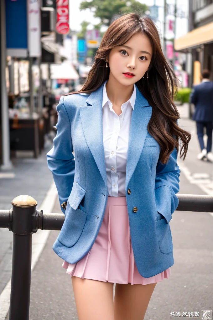 a 16 year old girl, she is the most beautiful actress in the world, the perfect body proportions of this girl, indirect breast bulge of her clothed upper body, the blazer is appropriately buttoned up on the formal shirt above the short skirt that's hardly covering the panties between her bare legs, it's only one description of one body, above her head and below her shins are no space, the front of her body, looking forward to viewer, she is standing, at the city street, nsfw, best quality, highly detailed, masterpiece, ultra high res, photo realistic, 8k, RAW photo