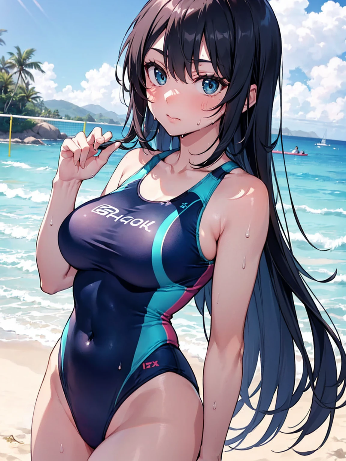 （Sweat, White skin:1.5、Aggressive Pose, ）, cameltoe, Fitness, , ((Beach volleyball swimsuit)),Big Breasts, Sturdy body、Healthy Body、((Big Eyes in Anime))
