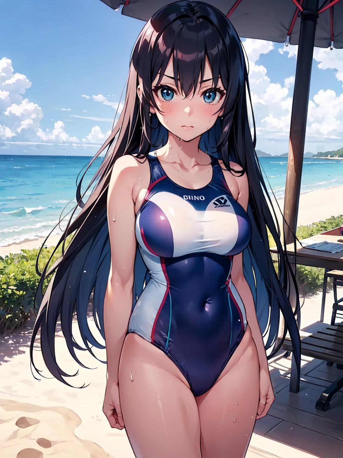 （Sweat, White skin:1.5、Aggressive Pose, ）, cameltoe, Fitness, , ((Beach volleyball swimsuit)),Big Breasts, Sturdy body、Healthy Body、((Big Eyes in Anime))
