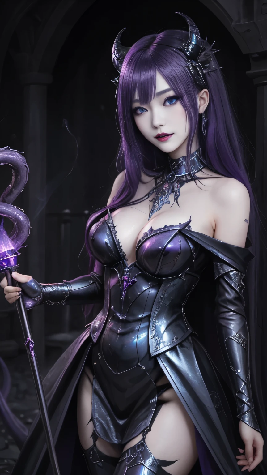 強力なスーパーevil女がクローズアップでポーズをとる, Black Goddess (Exposing shoulders), length, Flowing purple hair, View your audience, Highly detailed face, Perfect hands, Blue smoke swirling around her, evil事を愛する, Captivating blue eyes, Dark fantasy, Genuine, Symmetric, Attention to detail, Esoteric arachnids lady, Spider Queen Elise, League of Legends, Esoteric arachnids, Combat Stance, ( body formed from metallic mauveine and metallic black liquid metallic paint twisting into a beautiful interpretation of the female figure), length, Sharp Fangs, nature, ((Complex metallic colors in the foreground)), (( Fluid Mechanics, The most beautiful smooth scale face makeup, Smirking expression)) - Dark blood, Onyxia、Noir painting of a beautiful young witch, length purple hair, dark purple lips, evil, evil female, smile, Black Prom Dress, She is coming to you, close, Bright Blue Eyes, Surrounded by swirling pink smoke, Genuine, Attention to detail, Highest quality、A beastly demon wields a vicious blade, Blood Chain, Behemoth Bones, Snake-like tentacles, Cruel Teeth, Expressions of madness, Oppressive Dungeon. 8K Vision Reveals Fear, Ultra HD detail makes monsters stand out, Grotesque shadows dance, The creature whispers, Stifling atmosphere, Vision problems, Visible Madness. blade, evil意の閃光が輝く, reflect (Light) Beyond the Darkness, Elucidate (Sharp details) and、Add a dizzying dimension to the impending chaos.