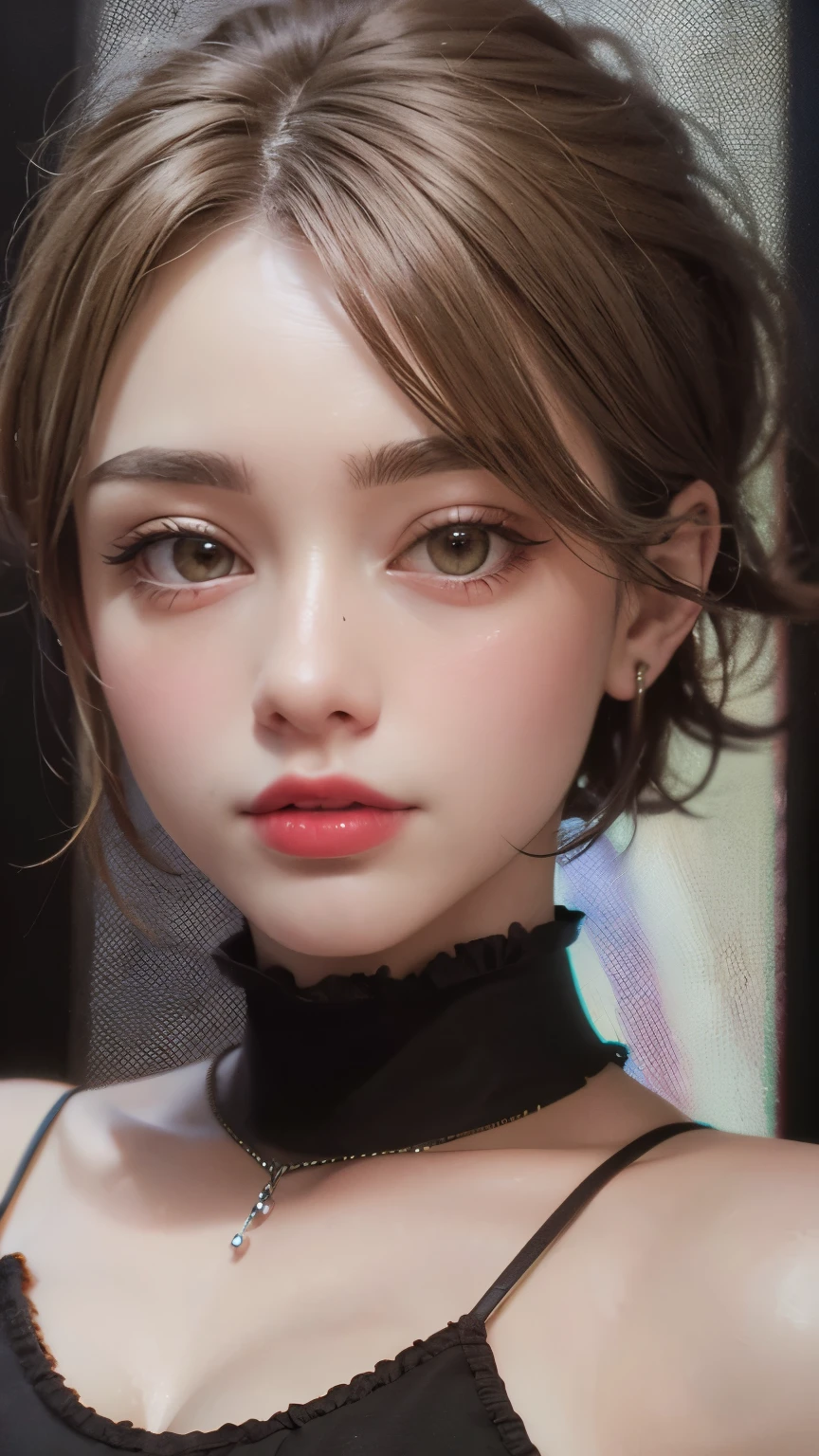 Masterpiece hyperrealist & Photorealistic beautiful girl, Realistic Skin (Pore-filled skin) Short Bob Cut Hair, Realistic red lips,Punk Girl, (head shot:1.5),Shorts