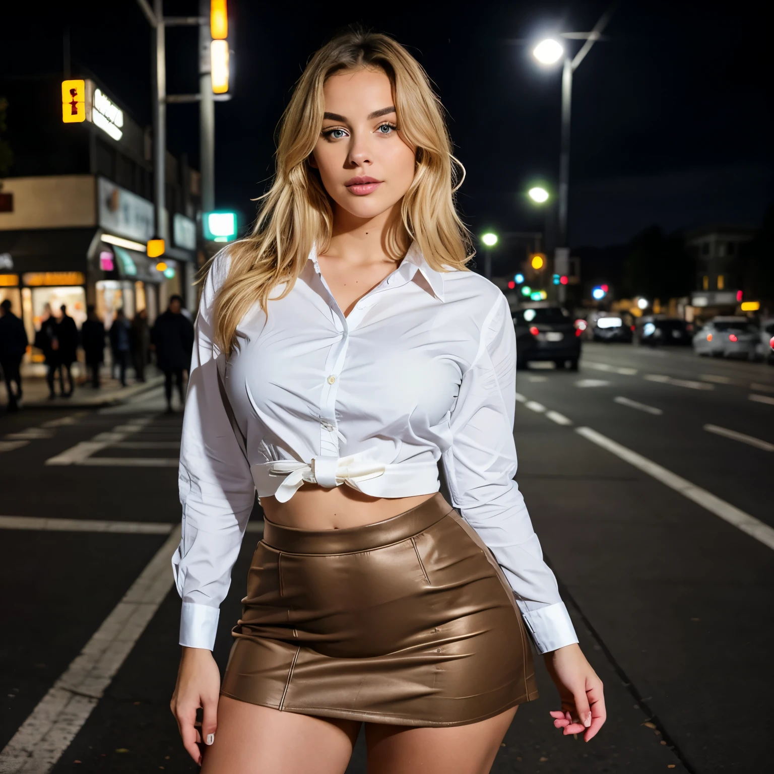 (olhos claros brilhantes:1.5), (Naked:1.3), (hairy pussy:1.2), (Naked full body:1.5), (hairy blonde pussy:1.0), (tanned skin:1.5), (muscularbody:0.8), Cute 18 year american gir, disheveled gorgeous bright brown hair, ((thick and beautiful legs)) frown and close your eyes, languidly wide open mouth, Expression of pleasure, Blushing cheeks)), wearing black pleated mini skirt , black crop top, city, high res, ultrasharp, 8k, masterpiece, looking at viewer, full body view,