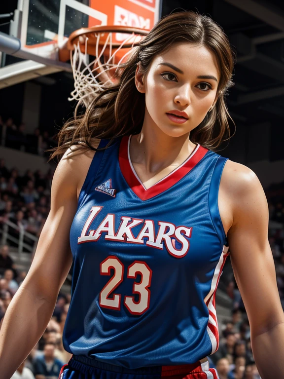 detailed photo of a tall woman in a basketball uniform, beautiful detailed eyes, beautiful detailed lips, extremely detailed face, long eyelashes, muscular athletic build, jumping high for a slam dunk, basketball court environment, people cheering in the background, rim lighting, dynamic basketball gameplay, physically-based rendering, professional sports illustration, vivid colors, dramatic lighting, detailed face, detailed eyes, detailed nose, detailed lips, dynamic action pose, (best quality,4k,8k,highres,masterpiece:1.2),ultra-detailed,(realistic,photorealistic,photo-realistic:1.37)