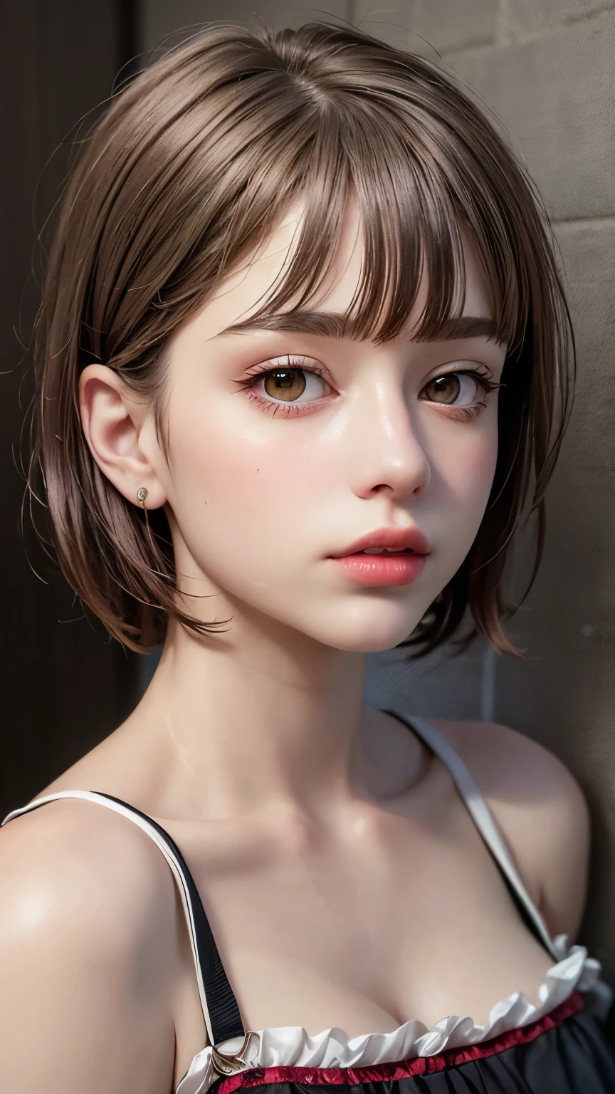 Masterpiece hyperrealist & Photorealistic beautiful girl, Realistic Skin (Pore-filled skin) Short Bob Cut Hair, Realistic red lips,Punk Girl, (head shot:1.5),Shorts