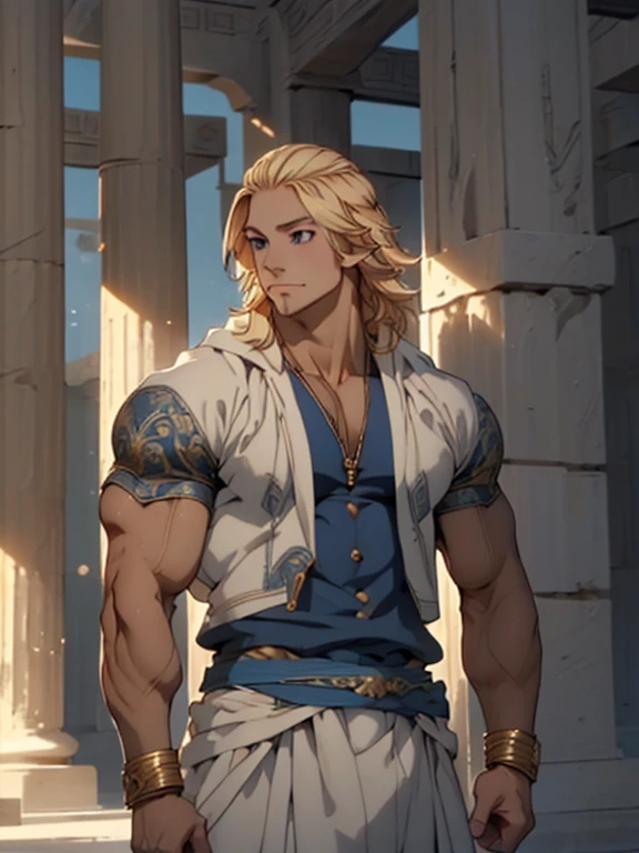 (man:1.5),1 man,male, muscle, 1boy, muscle, pectoral,  muscular, Mature man,45 year,1 man,macho man,perfect body,an extremely delicate and beautiful detailed face,((blonde hair,nice hair style,short blonde hair)),(((blonde very short beard, blonde very short beard))), (((blue_eyes:1.3))),intricate eyes,beautiful detailed eyes,symmetrical eyes,perfect face, nice hair style,perfect proportions, thicc, ((detailed face)),macho man,

(male caucasian prince),prince,

(((lustrous skin:1.5,tanned skin,bright skin: 1.5,skin tanned,shiny skin,very shiny skin,shiny body))),powerful,heroic,nsfw,

 caucasian,elegant,

(open toga, arab fashion,arab toga, jeans,white shirt,  masculine features, modern style,arab clothes),(((blue toga, blue toga outfit, wearing a blue toga:1.3,arab blue toga))),(arab jewelry,intricate necklace),((bulge in pants)),(((intricate outfit,intricate clothes,ornate outfit))),

(dynamic pose:1.0),embarrassed,(centered,scale to fit dimensions,Rule of thirds),

inside,indoor,((room in a greek temple:1.3,columns of a greek temple:1.3)),scenery:1.25,((intricate scenery)),((winter decorations)),

(Glossy winter ornaments),highres,sharp focus,(ultra detailed,extremely detailed),(photorealistic artwork:1.37),(extremely detailed CG unity 8k wallpaper),(((vibrant colors,vibrant theme))),(intricate),(masterpiece),(best quality),
