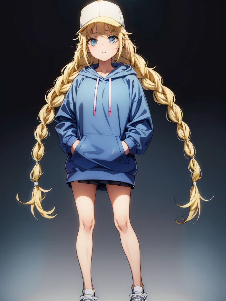 sexy woman is wearing a hooded sweater standing with one foot on a step, 1girl, solo, chewing gum, blonde hair, blue eyes, hat, hand in pocket, braid, bubble blowing, white background, full body, long hair, multicolored clothes, simple background, shoes, looking at viewer, baseball cap, twin braids,Eiko Tsukimi, blue eyes, braid, twin braid, (((blonde hair))), long hair, baseball cap