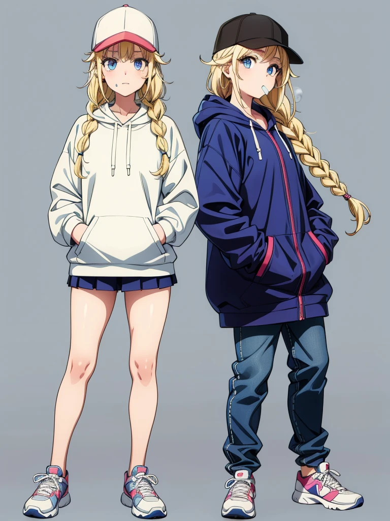 sexy woman is wearing a hooded sweater standing with one foot on a step, 1girl, solo, chewing gum, blonde hair, blue eyes, hat, hand in pocket, braid, bubble blowing, white background, full body, long hair, multicolored clothes, simple background, shoes, looking at viewer, baseball cap, twin braids,Eiko Tsukimi, blue eyes, braid, twin braid, (((blonde hair))), long hair, baseball cap