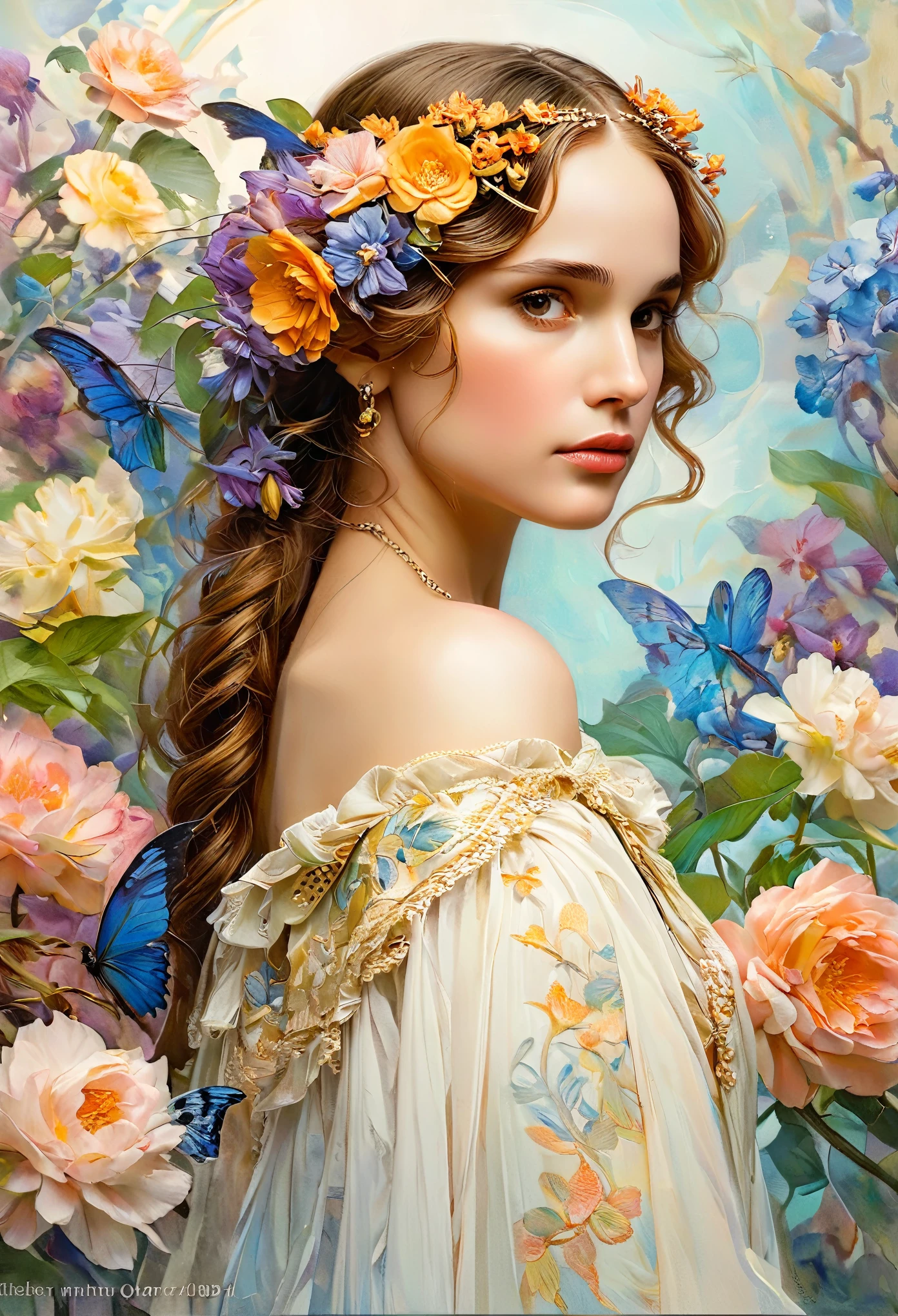 Depicts a beautiful woman with flowers in her hair, (Natalie Portman:1.2), Highly detailed watercolor painting, The style of Alfons Maria Mucha and Gustav Kirmut, Art Nouveau accents, Fairy Princess, Anthropomorphic woman, Female figure, Detailed cover artwork, As the Flower Goddess, Alphonse Mucha, Gustav Klimt, Pale skin, Marble sculpture, society, Gothic art, Art Nouveau, Behance Contest Winner