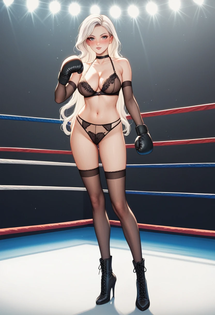 A slim beautiful girl,Good shape,Pretty Face,detailed picture, blush,White long hair,Wearing sexy lingerie,Wearing black suspender stockings,high-heel boots,Wearing black boxing gloves,Wearing black sleeves,Perform standing boxing moves alone in the boxing ring,Large Breasts,Cleavage,Thin legs,nipple,