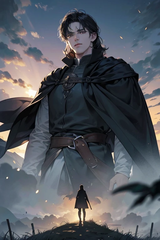 High quality masterpiece, super detailed, super emotion detailed, castle with grass, cold colours dramatic lighting, movie scene, anime style, perfect face, clean eyes, Middle Ages, clean emotions, full body! A cold mean man with black short curly hair, in expensive black Loose robe, with gray shining eyes, he is dark lord, he is cool. He is looking with warm smile to his adult daughter who also has black hair. super quality, 4K, clean eyes, super quality ever! detailed emotions! dark fantasy!, middle ages! They look happy