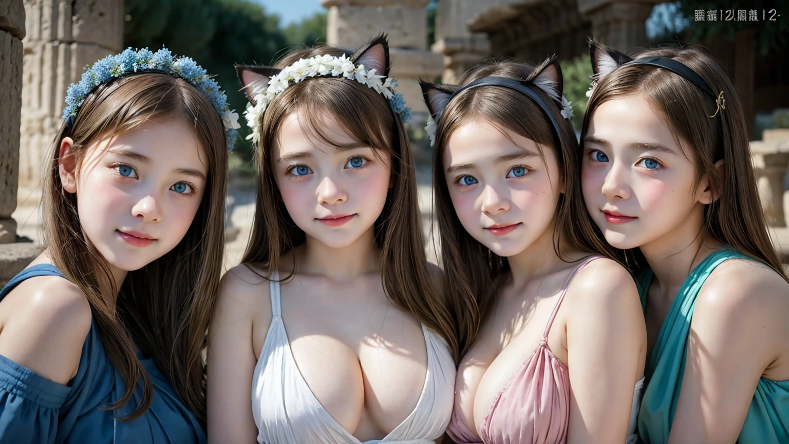 (3 girls), Young faceอินโดนีเซีย, smile, white skin, Round breast, blue eyes,((ancient greek clothing))Masterpiece, Highest quality, 8k, beautiful girl, Young face、 photography, Cute face, thigh,embarrassing valley、รอยsmile、(((((())))))、small waist、 ((Busty breasts))blue eyes(((big breasts:1.2)))cat ears
