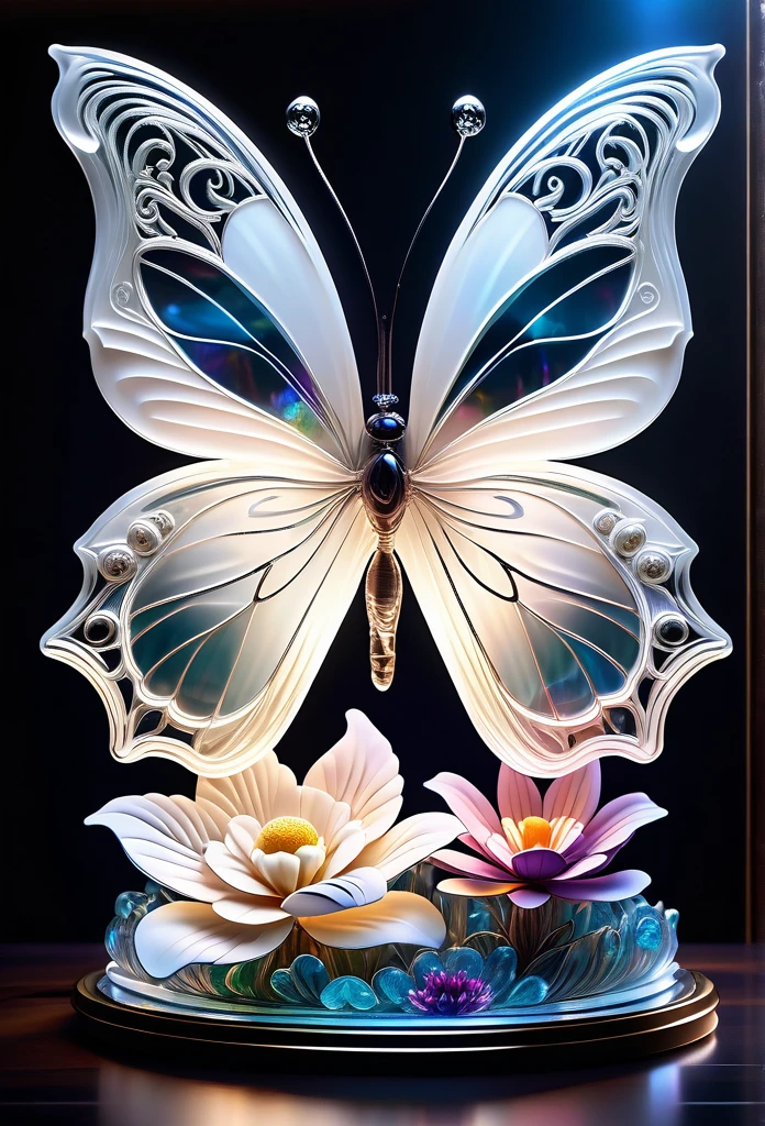 (((masterpiece that captures the essence of white butterfly:1.3))), floating of stunning carve glass flower, gothic aquarium, transparent wish. (((intricate insane details and light and shadow atmosphere:1.3))), intricate details rich colors, (((stunning beauty 32k render:1.3))), (((holographic smoke glow:1.4))),