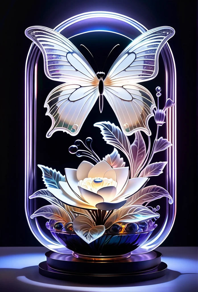 (((masterpiece that captures the essence of white butterfly:1.3))), floating of stunning carve glass flower, gothic aquarium, transparent wish. (((intricate insane details and light and shadow atmosphere:1.3))), intricate details rich colors, (((stunning beauty 32k render:1.3))), (((holographic smoke glow:1.4))),