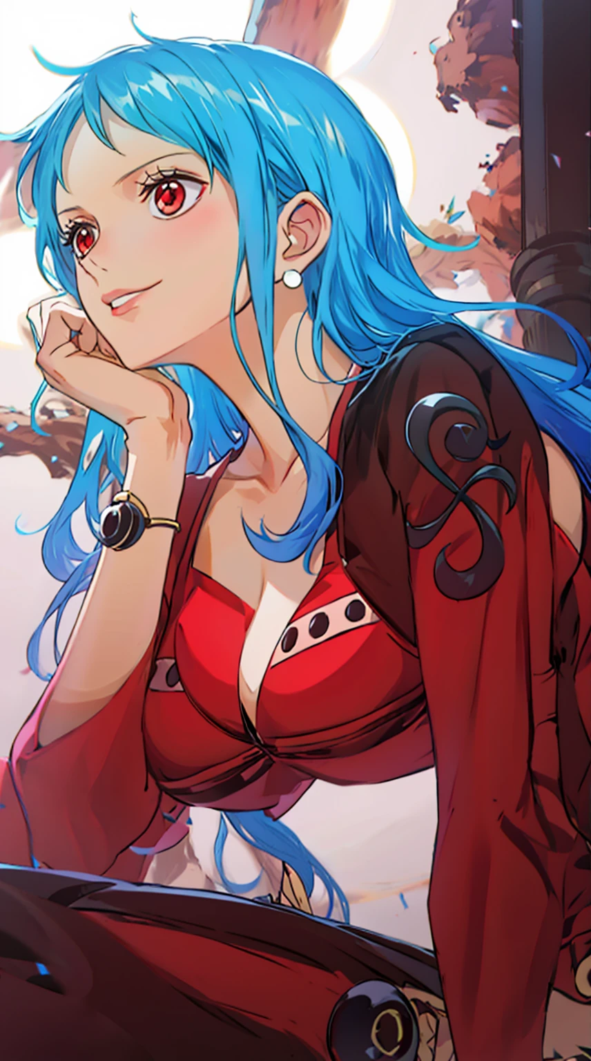 female character from one piece with very long blue hair and very red eyes