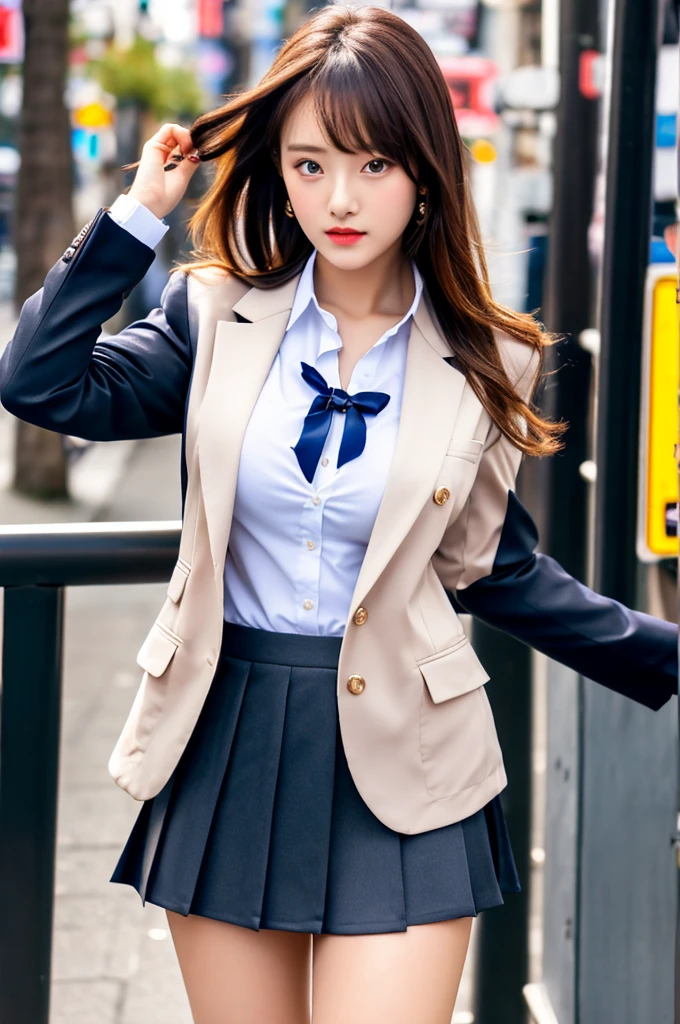 a 16 year old girl, she is the most beautiful actress in the world, the perfect body proportions of this girl, indirect breast bulge of her clothed upper body, the blazer is appropriately buttoned up on the formal shirt above the short skirt that's hardly covering the panties between her bare legs, it's only one description of one body, above her head and below her shins are no space, the front of her body, looking forward to viewer, she is standing, at the city street, nsfw, best quality, highly detailed, masterpiece, ultra high res, photo realistic, 8k, RAW photo