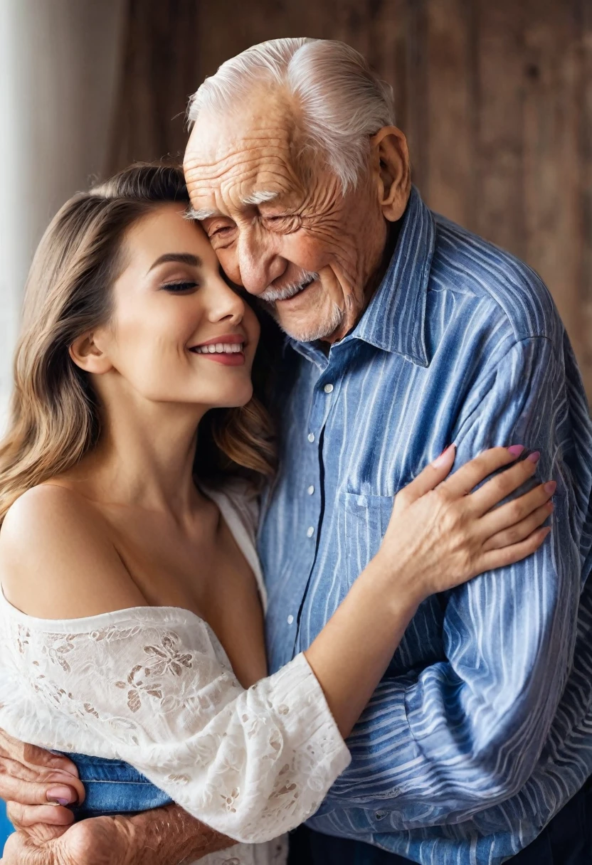 90-year-old grandfather is standing next to a beautiful sexy young woman . he hugs her and kisses her.  They are happy
